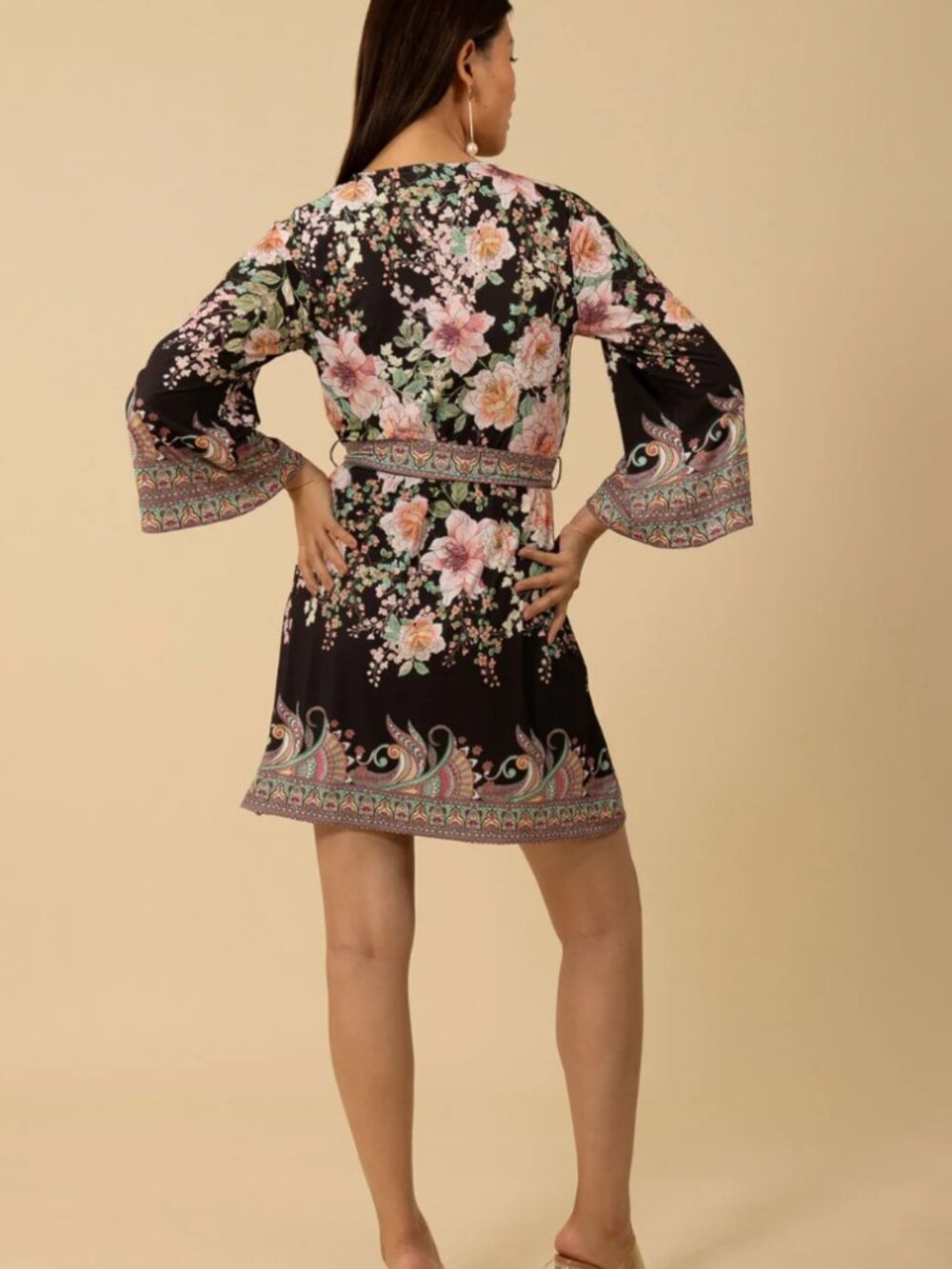 Hale Bob Black Floral Belted Bell Sleeve Mini Dress